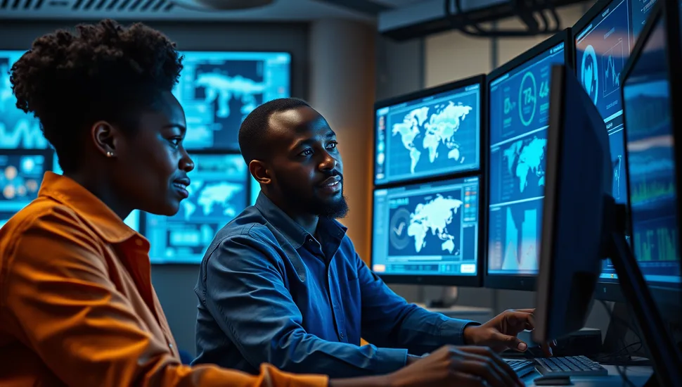Two African engineers working at a network operations centre with large screens showing data dashboards