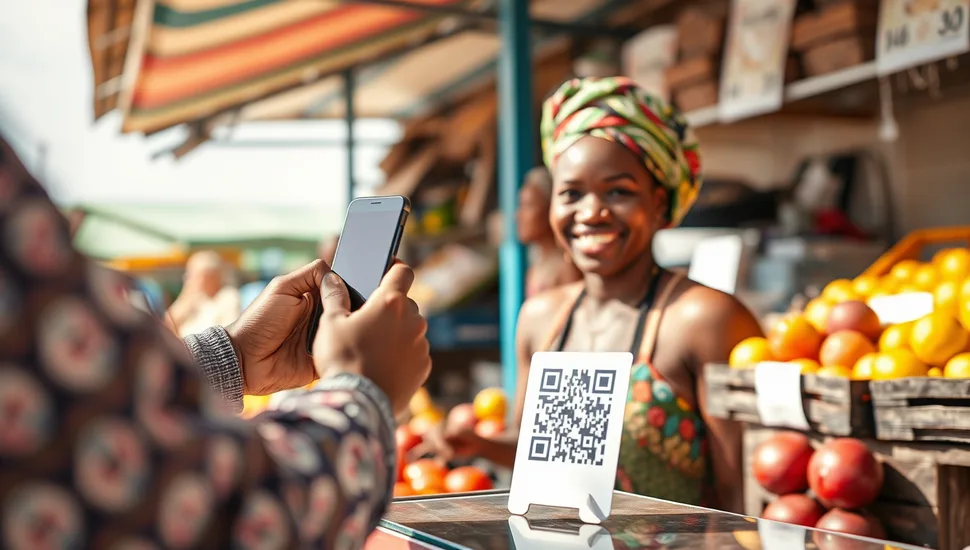 A customer scans a QR code card on the counter of a West African street food stall